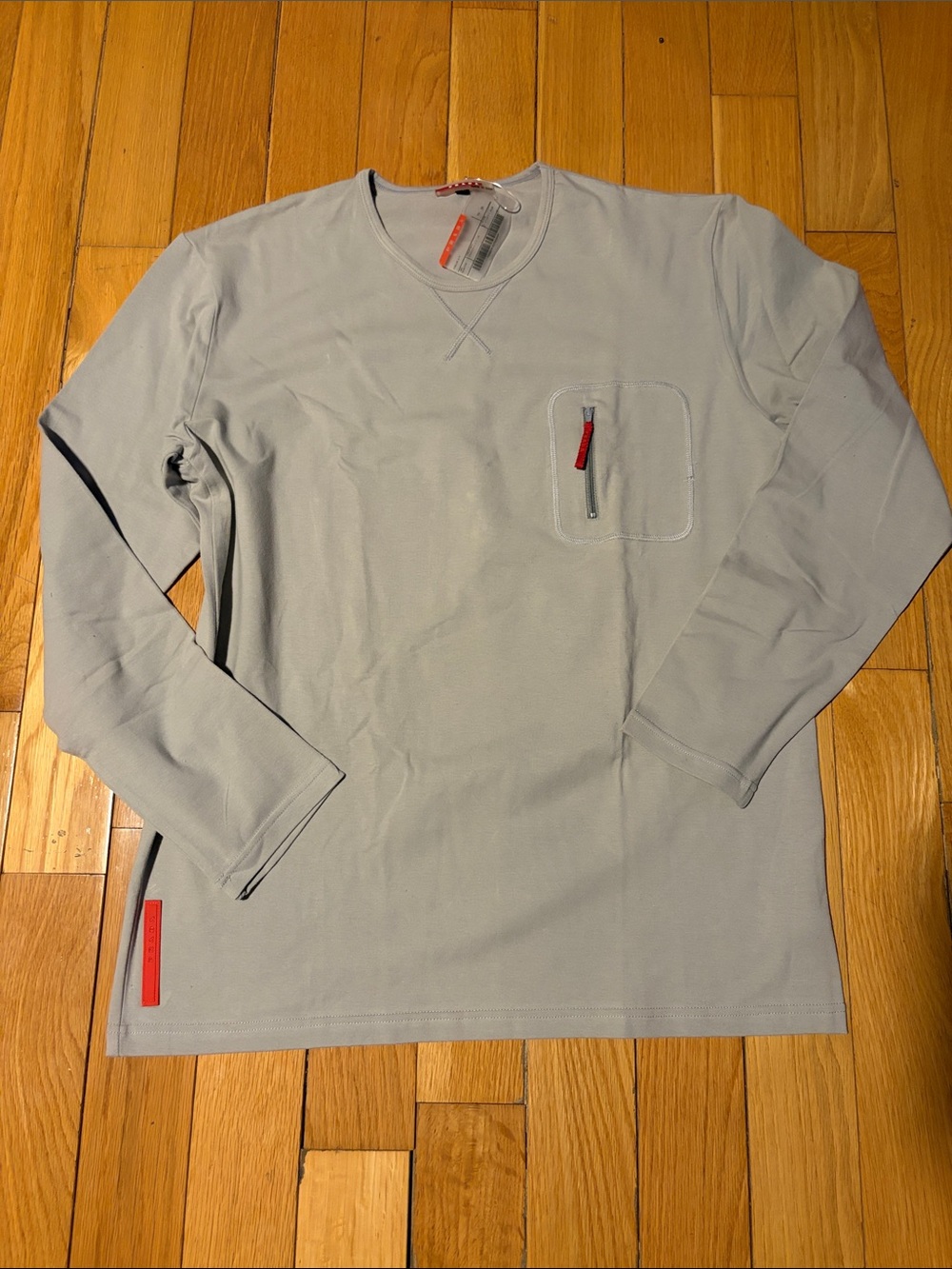 Prada Light Gray Long-Sleeve Men's Pocket Shirt with Red Zip Pull XL